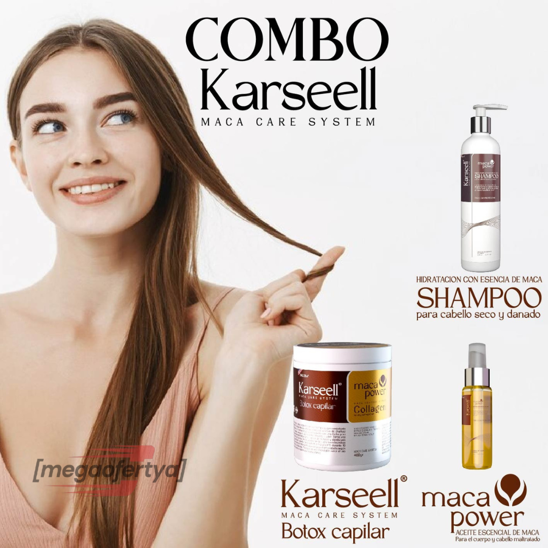 COMBO KARSEELL :SHAMPOO + BOTOX CAPILAR+ ACEITE ESENCIAL DE MACA